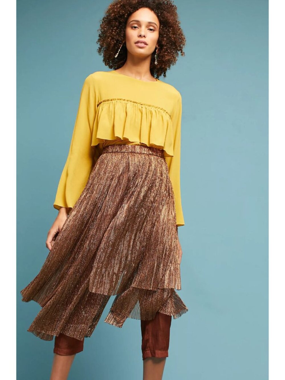 Anthropologie Maeve Metallic Skirted Pants Silk Legging Mesh Skirt Copper 2